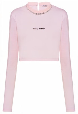 (Women) MIU MIU Pink Long Sleeve T-Shirt with Crystal Letter Detailing. MJL732-10OO-F0E18 Order (Women) MIU MIU Pink Long Sleeve T-Shirt with Crystal Letter Detailing. MJL732-10OO-F0E18