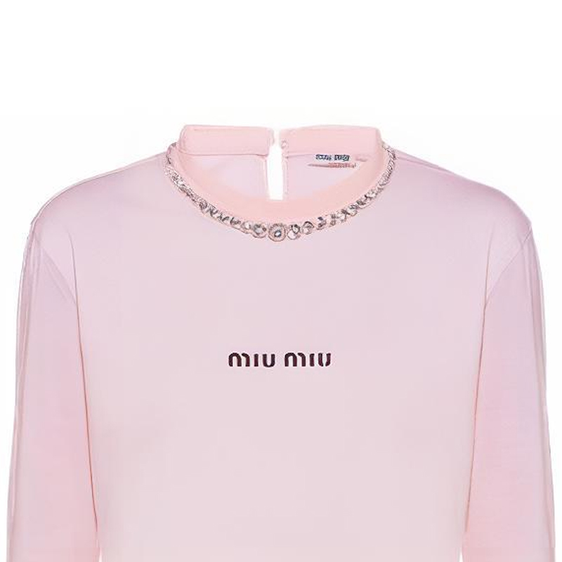 Details for (Women) MIU MIU  Pink Long Sleeve T-Shirt with Crystal Letter Detailing. MJL732-10OO-F0E18