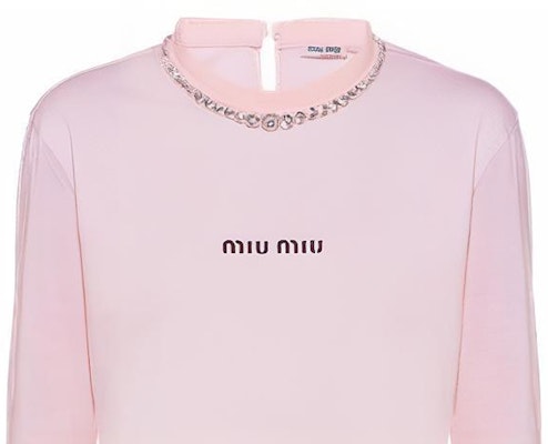 (Women) MIU MIU Pink Long Sleeve T-Shirt with Crystal Letter Detailing. MJL732-10OO-F0E18 Details for (Women) MIU MIU Pink Long Sleeve T-Shirt with Crystal Letter Detailing. MJL732-10OO-F0E18