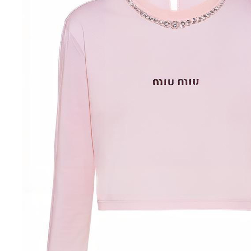 Sizing (Women) MIU MIU  Pink Long Sleeve T-Shirt with Crystal Letter Detailing. MJL732-10OO-F0E18