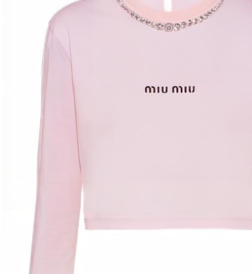 (Women) MIU MIU Pink Long Sleeve T-Shirt with Crystal Letter Detailing. MJL732-10OO-F0E18 Sizing (Women) MIU MIU Pink Long Sleeve T-Shirt with Crystal Letter Detailing. MJL732-10OO-F0E18