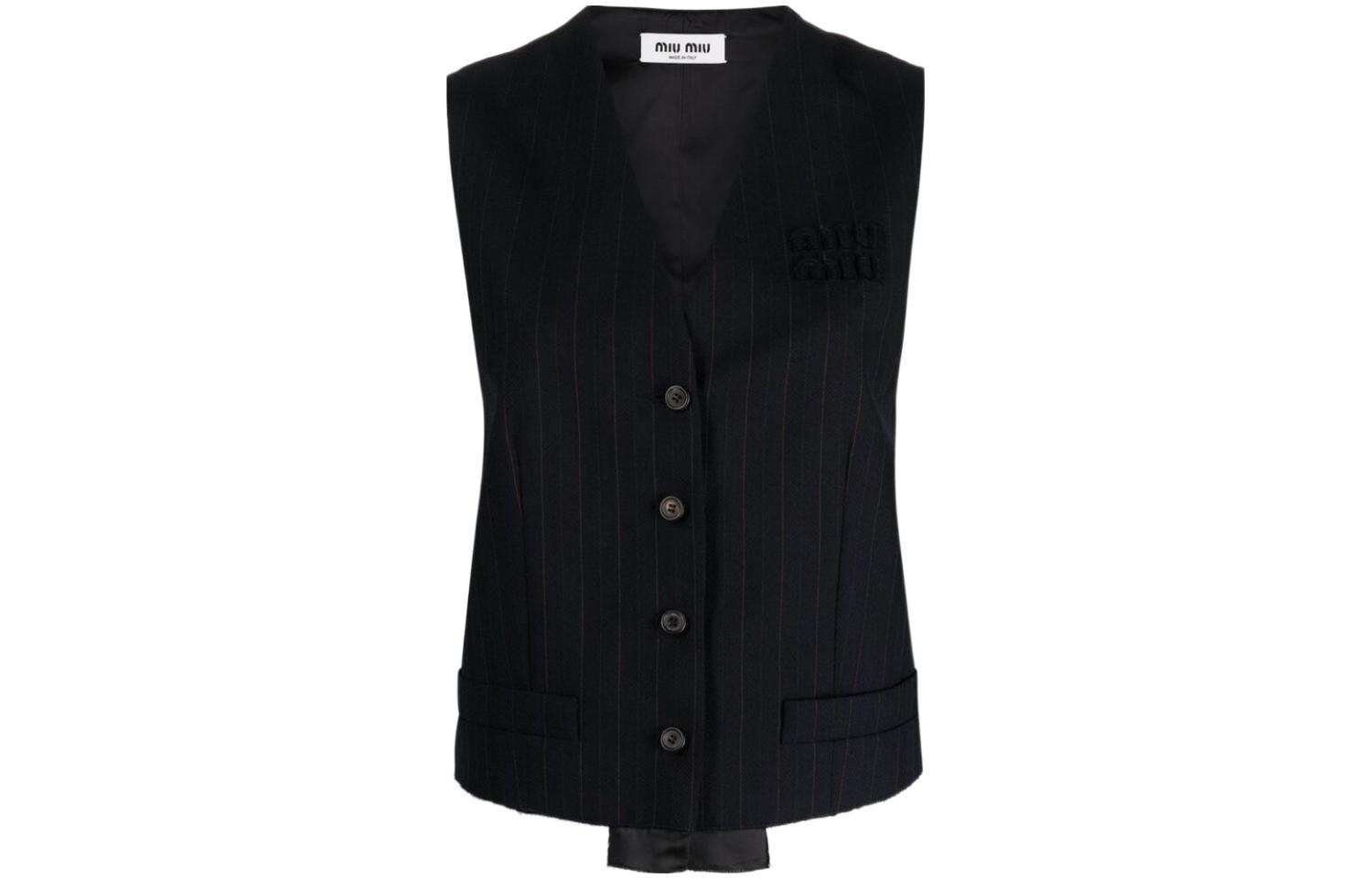 (Women) MIU MIU  Pinstripe V-Neck Sleeveless Button Vest - Black MAG003-13SH-F0008-S-OOO
