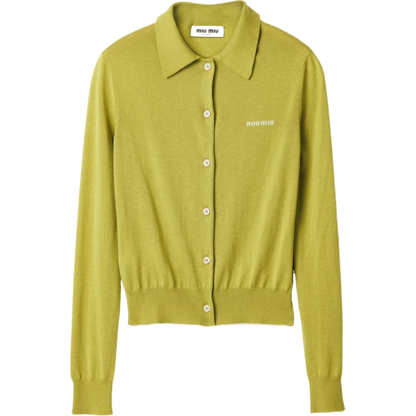 (Women) Miu Miu  Pistachio Green Knit Cardigan with Logo Embroidery. MMF919-15RN-F0362-S-OOO