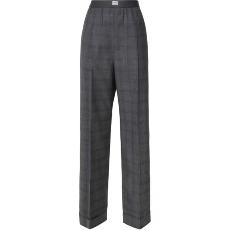 (Women) MIU MIU  Plaid Elastic Waist Wide-Leg Pants Gray. MP1702-15PO-F0480