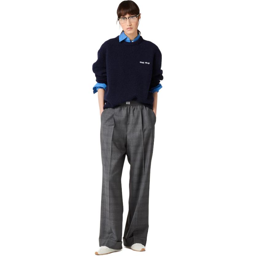 Shop (W) ミュウミュウ チェック柄 ウエストゴム ワイドレッグパンツ グレー. MP1702-15PO-F0480