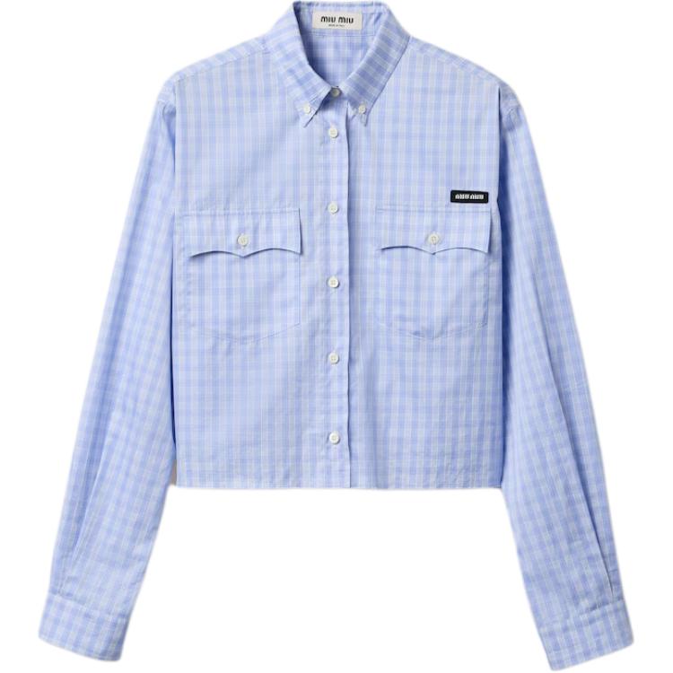 (Women) MIU MIU  Plaid Knit Logo Button-Up Long-Sleeve Shirt Light Blue MK1874-15PN-F0X31-S-OOO