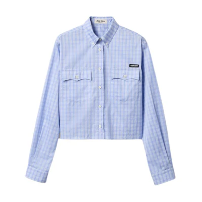 (Women) MIU MIU Plaid Knit Logo Button-Up Long-Sleeve Shirt Light Blue MK1874-15PN-F0X31-S-OOO