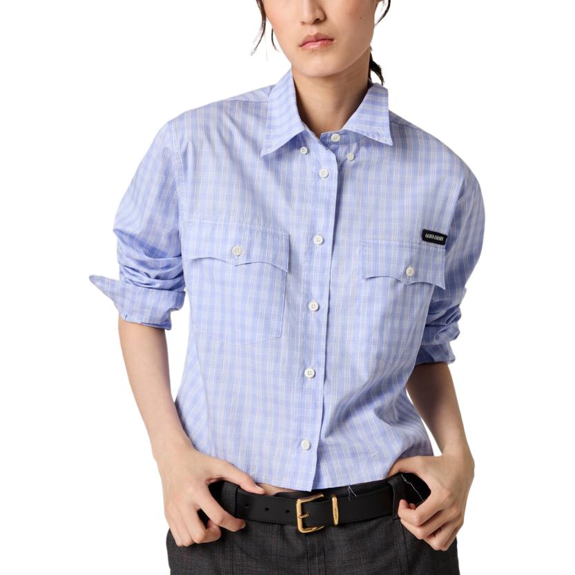 Lookbook (W) MIU MIU 格紋針織徽標扣式長袖襯衫 淺藍色 MK1874-15PN-F0X31-S-OOO