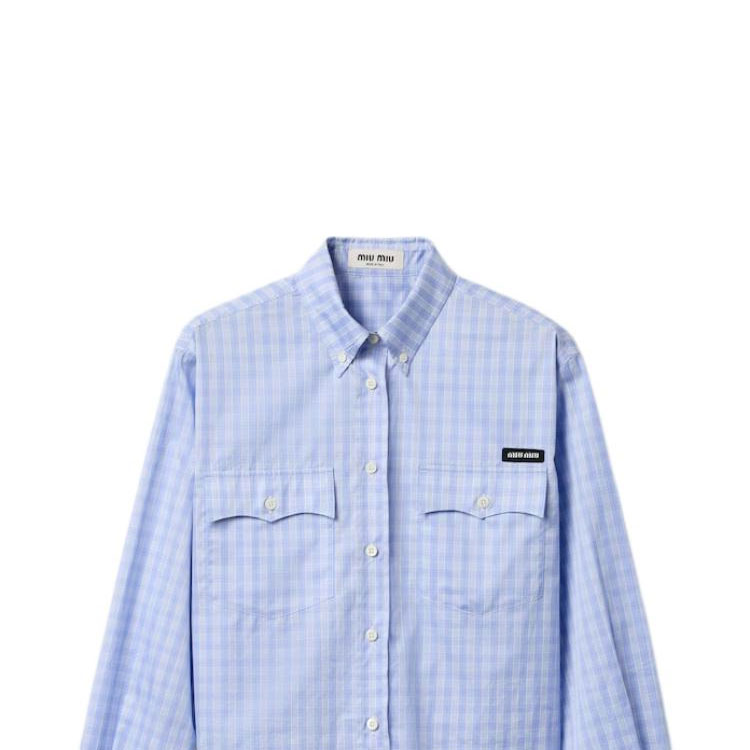 Sizing (W) MIU MIU 格紋針織徽標扣式長袖襯衫 淺藍色 MK1874-15PN-F0X31-S-OOO