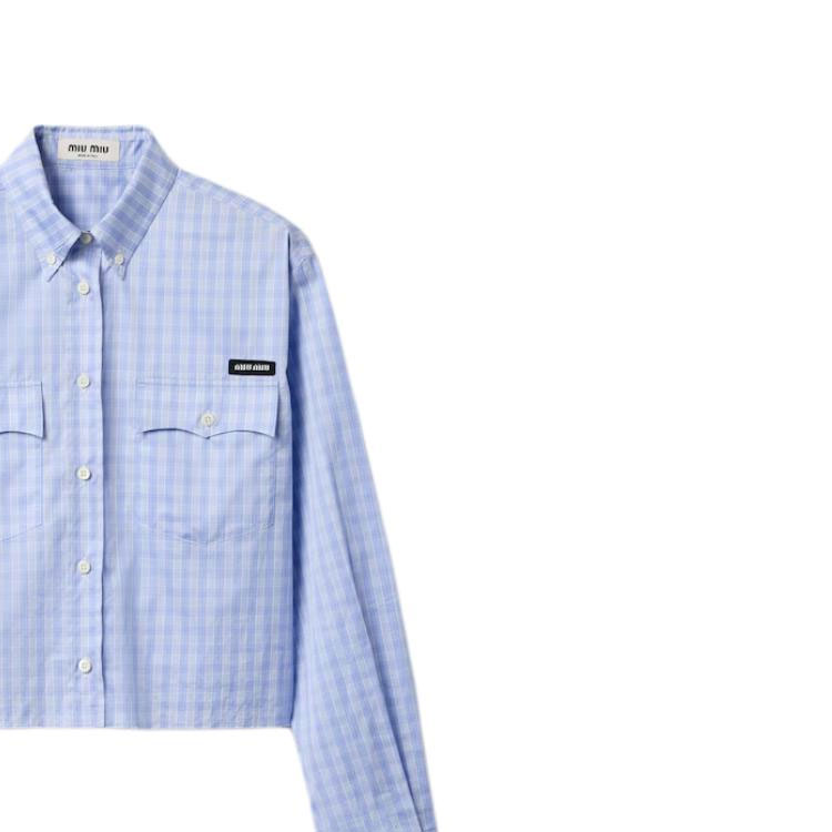 Cheap (W) MIU MIU 格紋針織徽標扣式長袖襯衫 淺藍色 MK1874-15PN-F0X31-S-OOO