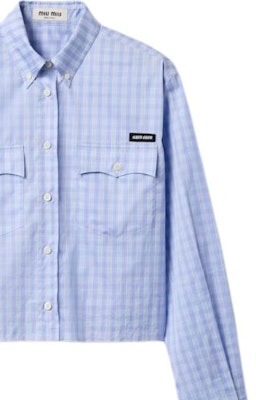 (W) MIU MIU 格紋針織徽標扣式長袖襯衫 淺藍色 MK1874-15PN-F0X31-S-OOO Cheap (W) MIU MIU 格紋針織徽標扣式長袖襯衫 淺藍色 MK1874-15PN-F0X31-S-OOO