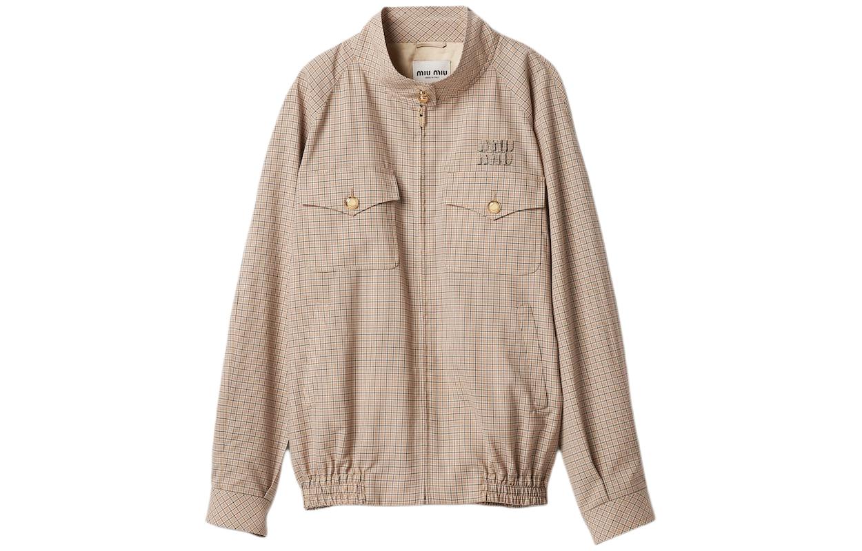 (Women) MIU MIU  Plaid Logo Embroidered High-Neck Waist Jacket Limestone Color ML943-14Q8-F0F6H-S-232