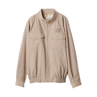 (Women) MIU MIU Plaid Logo Embroidered High-Neck Waist Jacket Limestone Color ML943-14Q8-F0F6H-S-232