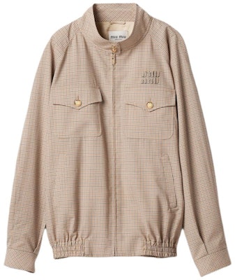 (W) MIU MIU Jaket High-Neck Plaid Logo Bordir Warna Limestone ML943-14Q8-F0F6H-S-232 Order (W) MIU MIU Jaket High-Neck Plaid Logo Bordir Warna Limestone ML943-14Q8-F0F6H-S-232