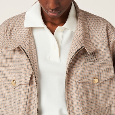 (W) MIU MIU Jaket High-Neck Plaid Logo Bordir Warna Limestone ML943-14Q8-F0F6H-S-232 Details for (W) MIU MIU Jaket High-Neck Plaid Logo Bordir Warna Limestone ML943-14Q8-F0F6H-S-232