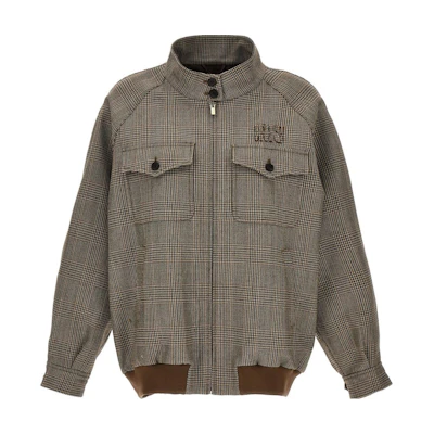 (Women) MIU MIU Plaid Zip-Up Long Sleeve Jacket in Khaki. ML9431-3JM-F0005