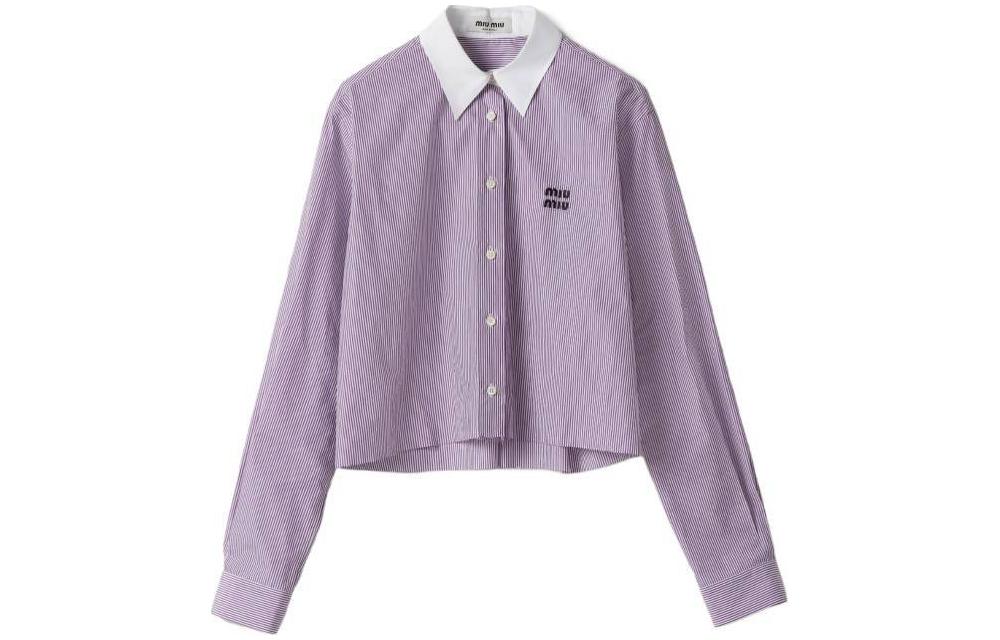 Order (W) MIU MIU Kemeja Ungu Berjalur Lengan Panjang dengan Kolar. MK1833-139C-F0B2R-S-OOO