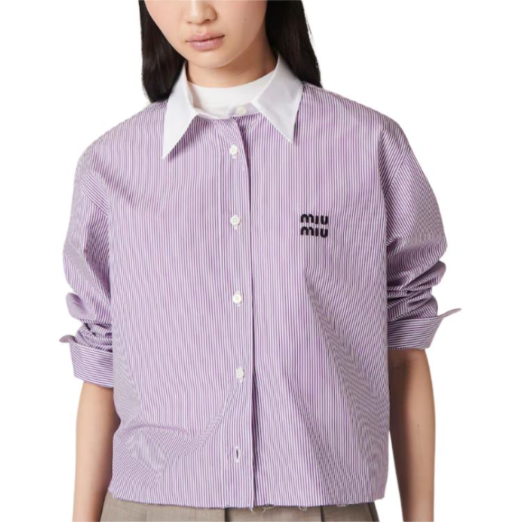 Purchase (W) MIU MIU Kemeja Ungu Berjalur Lengan Panjang dengan Kolar. MK1833-139C-F0B2R-S-OOO