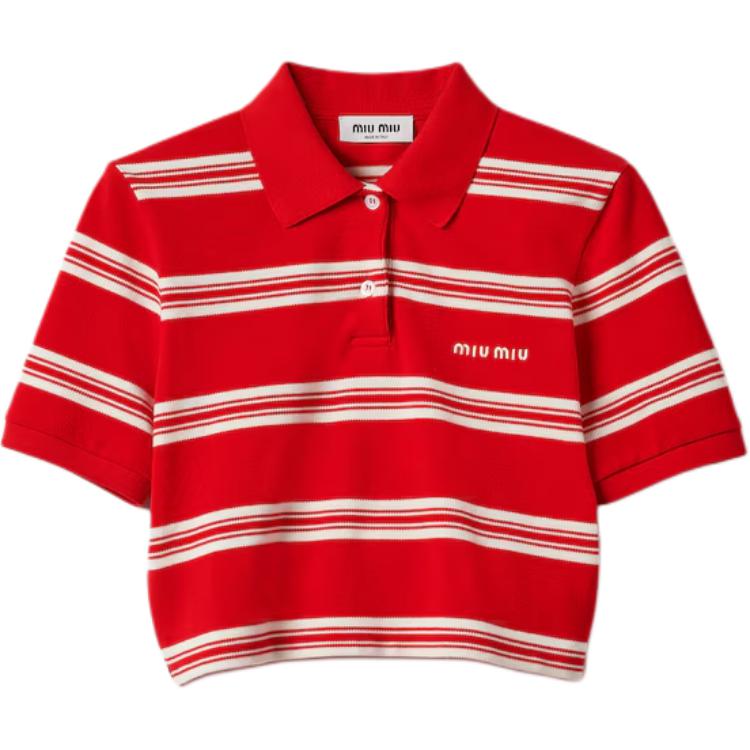 (Women) MIU MIU  Red Cropped Striped Logo Embroidered Short Sleeve Polo Shirt. MJN547-146U-F057S-S-OOO