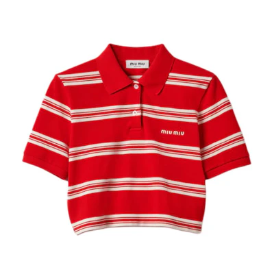 (Women) MIU MIU Red Cropped Striped Logo Embroidered Short Sleeve Polo Shirt. MJN547-146U-F057S-S-OOO