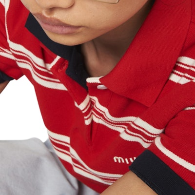 (Women) MIU MIU Red Cropped Striped Logo Embroidered Short Sleeve Polo Shirt. MJN547-146U-F057S-S-OOO Purchase (Women) MIU MIU Red Cropped Striped Logo Embroidered Short Sleeve Polo Shirt. MJN547-146U-F057S-S-OOO
