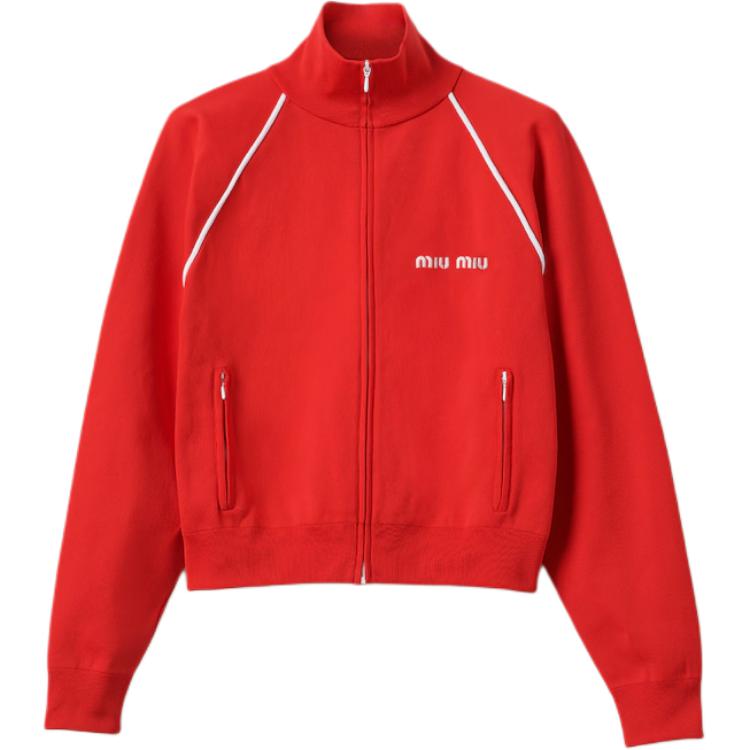 (Women) MIU MIU  Red Letter Print High-Neck Zip-Up Jacket. MMF889-148O-F0011-S-OOO