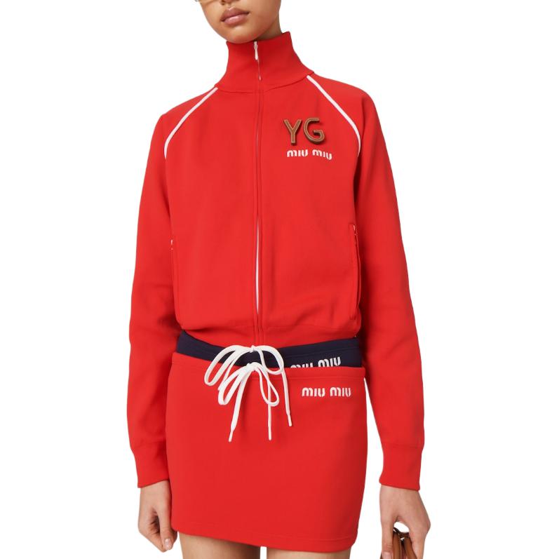 Purchase (Women) MIU MIU  Red Letter Print High-Neck Zip-Up Jacket. MMF889-148O-F0011-S-OOO