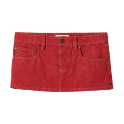 (Women) MIU MIU Red Low-Waist Skirt with Contrast Stitching and Embroidered Logo. GWD326-143Z-F0011-S-OOO