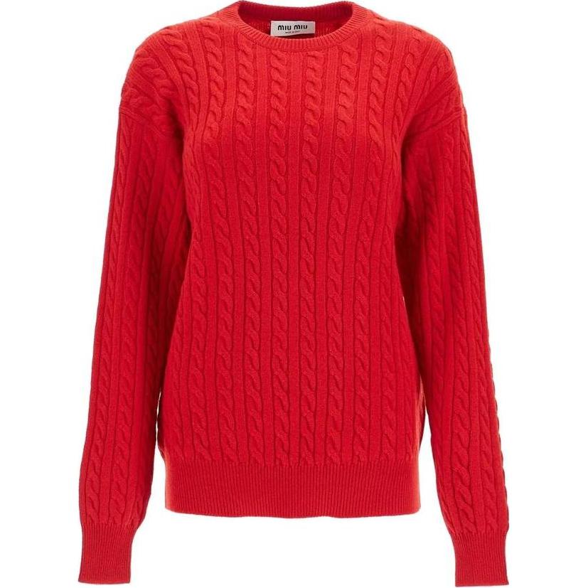 (Women) MIU MIU  Red Ribbed Knit Crewneck Long-Sleeve Sweater MML818-13KX-F0011