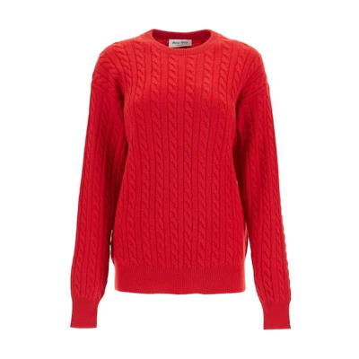 (Women) MIU MIU Red Ribbed Knit Crewneck Long-Sleeve Sweater MML818-13KX-F0011