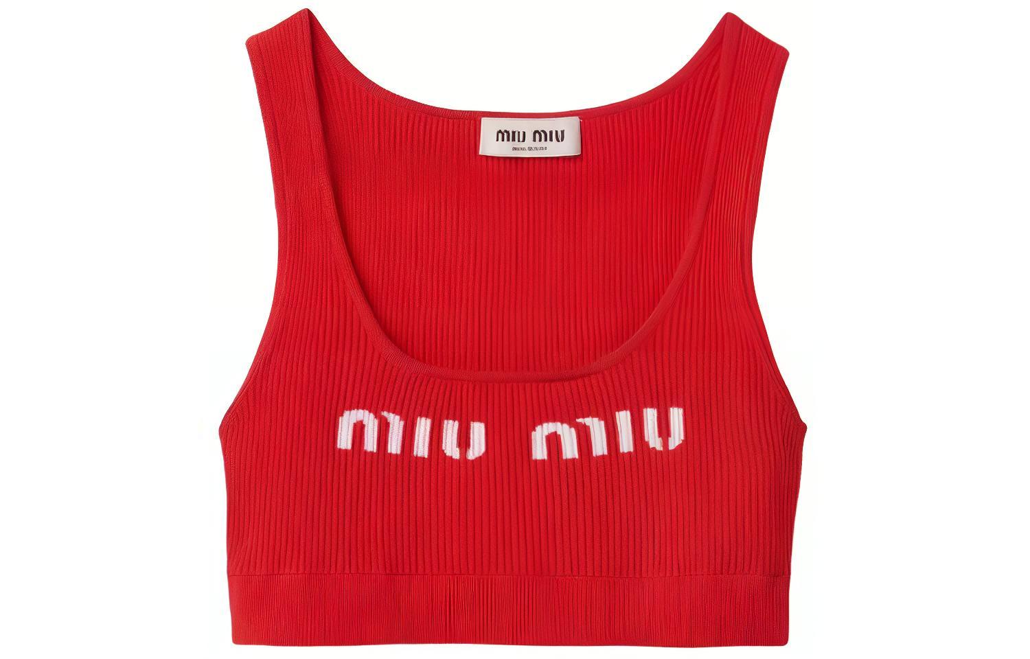 (Women) MIU MIU  Red Sleeveless Slim-Fit Tank Top with Logo Embroidery. MMV076-12TJ-F0011-S-231