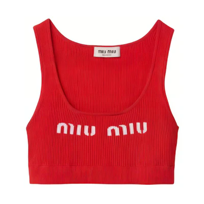 (Women) MIU MIU Red Sleeveless Slim-Fit Tank Top with Logo Embroidery. MMV076-12TJ-F0011-S-231