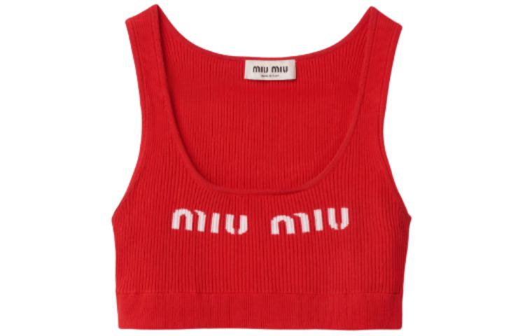 Order (W) MIU MIU Merah Tank Top Tanpa Lengan Slim-Fit dengan Sulaman Logo. MMV076-12TJ-F0011-S-231