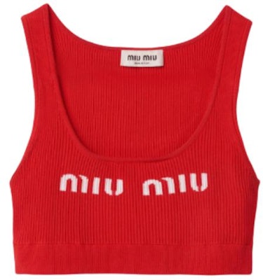 (W) MIU MIU Merah Tank Top Tanpa Lengan Slim-Fit dengan Sulaman Logo. MMV076-12TJ-F0011-S-231 Order (W) MIU MIU Merah Tank Top Tanpa Lengan Slim-Fit dengan Sulaman Logo. MMV076-12TJ-F0011-S-231