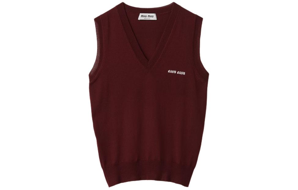 (Women) MIU MIU  Red V-Neck Sleeveless Vest with Embroidered Logo. MMV209-14RH-F0399-S-OOO