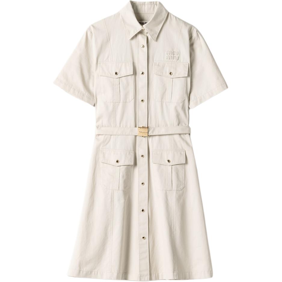 (Women) MIU MIU  Short-Sleeve Button-Up Casual Dress in Limestone Grey. MF5434-144D-F0A08-S-OOO