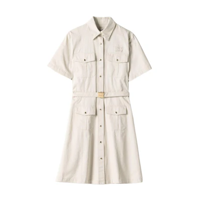 (Women) MIU MIU Short-Sleeve Button-Up Casual Dress in Limestone Grey. MF5434-144D-F0A08-S-OOO