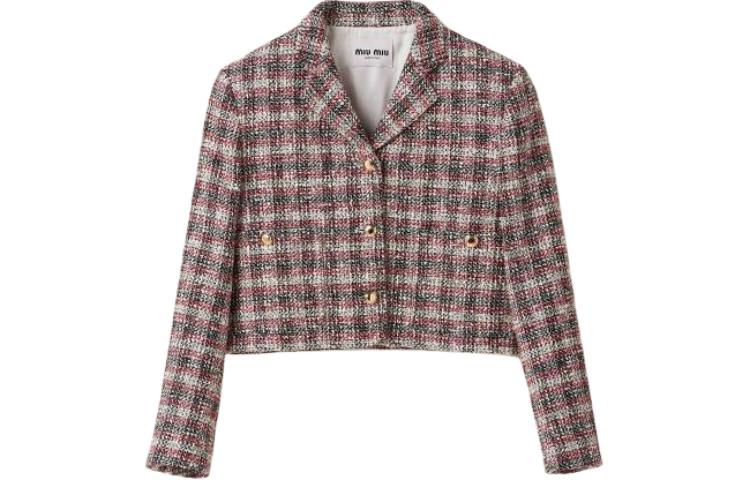 (Women) MIU MIU  Short V-Neck Plaid Button Jacket in Pomegranate Red. MH1863-13AB-F059I-S-232
