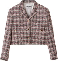(Women) MIU MIU Short V-Neck Plaid Button Jacket in Pomegranate Red. MH1863-13AB-F059I-S-232 (Women) MIU MIU Short V-Neck Plaid Button Jacket in Pomegranate Red. MH1863-13AB-F059I-S-232