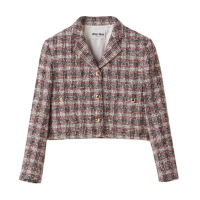 (Women) MIU MIU Short V-Neck Plaid Button Jacket in Pomegranate Red. MH1863-13AB-F059I-S-232