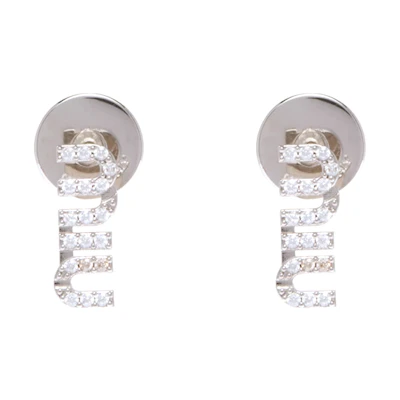 (Women) MIU MIU Silver Logo Crystal Embellished Earrings 5IO059-2DNC-F0OKL