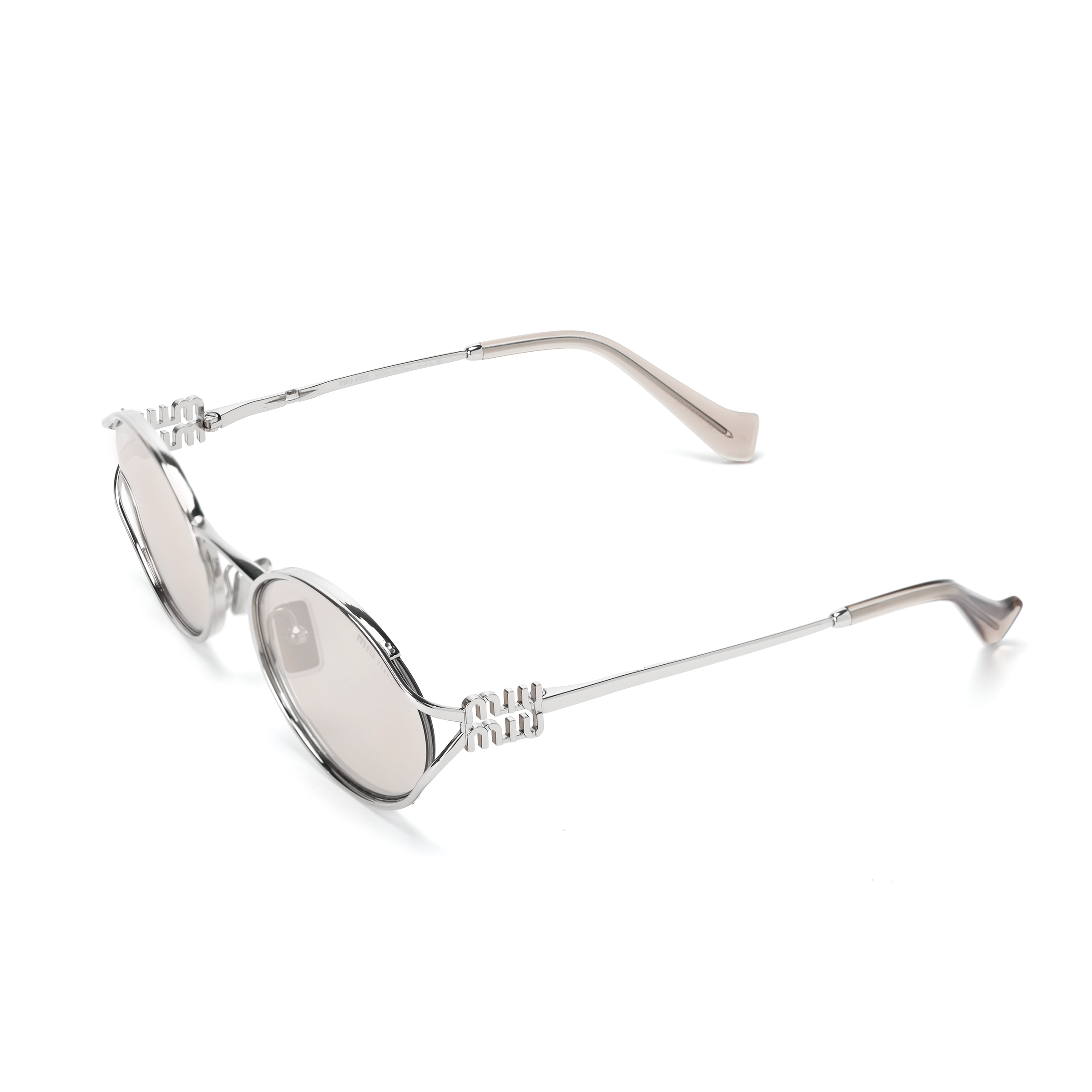 (Women) MIU MIU  Silver Oval Metal Sunglasses with Logo Cutout Temples. SMU52YM1BCFE10FC054