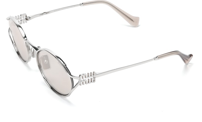 (W) MIU MIU Cermin Mata Perak Oval dengan Logo Berukir pada Pemegang. SMU52YM1BCFE10FC054 Buy (W) MIU MIU Cermin Mata Perak Oval dengan Logo Berukir pada Pemegang. SMU52YM1BCFE10FC054