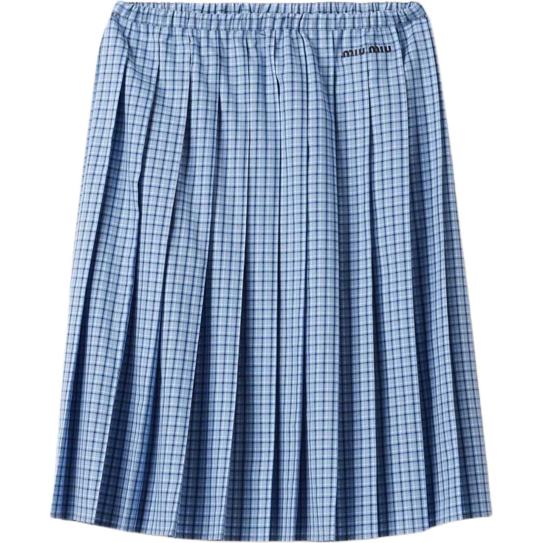 (Women) MIU MIU  Sky Blue Plaid Logo Embroidered Casual Long Skirt MG2228-142L-F0QY6-S-OOO