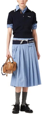 (W) MIU MIU 天蓝色格纹刺绣徽标休闲长裙 MG2228-142L-F0QY6-S-OOO Lookbook (W) MIU MIU 天蓝色格纹刺绣徽标休闲长裙 MG2228-142L-F0QY6-S-OOO