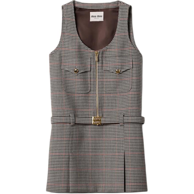 (Women) MIU MIU  Sleeveless Plaid Mini Dress with Zipper Pocket in Slate Gray. MF5040-15PK-F0480-S-232