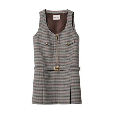 (Women) MIU MIU Sleeveless Plaid Mini Dress with Zipper Pocket in Slate Gray. MF5040-15PK-F0480-S-232