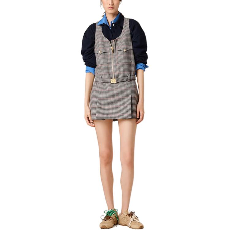 Lookbook (W) 미우미우 슬레이트 그레이 체크 민소매 미니 드레스 지퍼 포켓 포함. MF5040-15PK-F0480-S-232