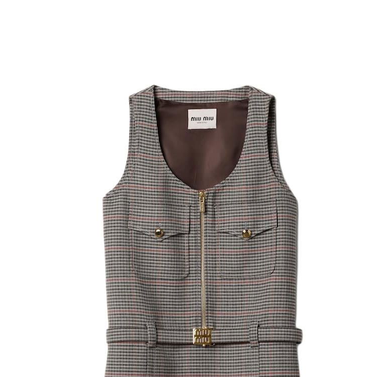 Details for (W) 미우미우 슬레이트 그레이 체크 민소매 미니 드레스 지퍼 포켓 포함. MF5040-15PK-F0480-S-232