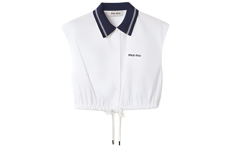 Order (W) MIU MIU Baju Tidak Berlengan Putih dengan Logo dan Rekaan Kontras. MT2006-10RG-F0009-S-OOO